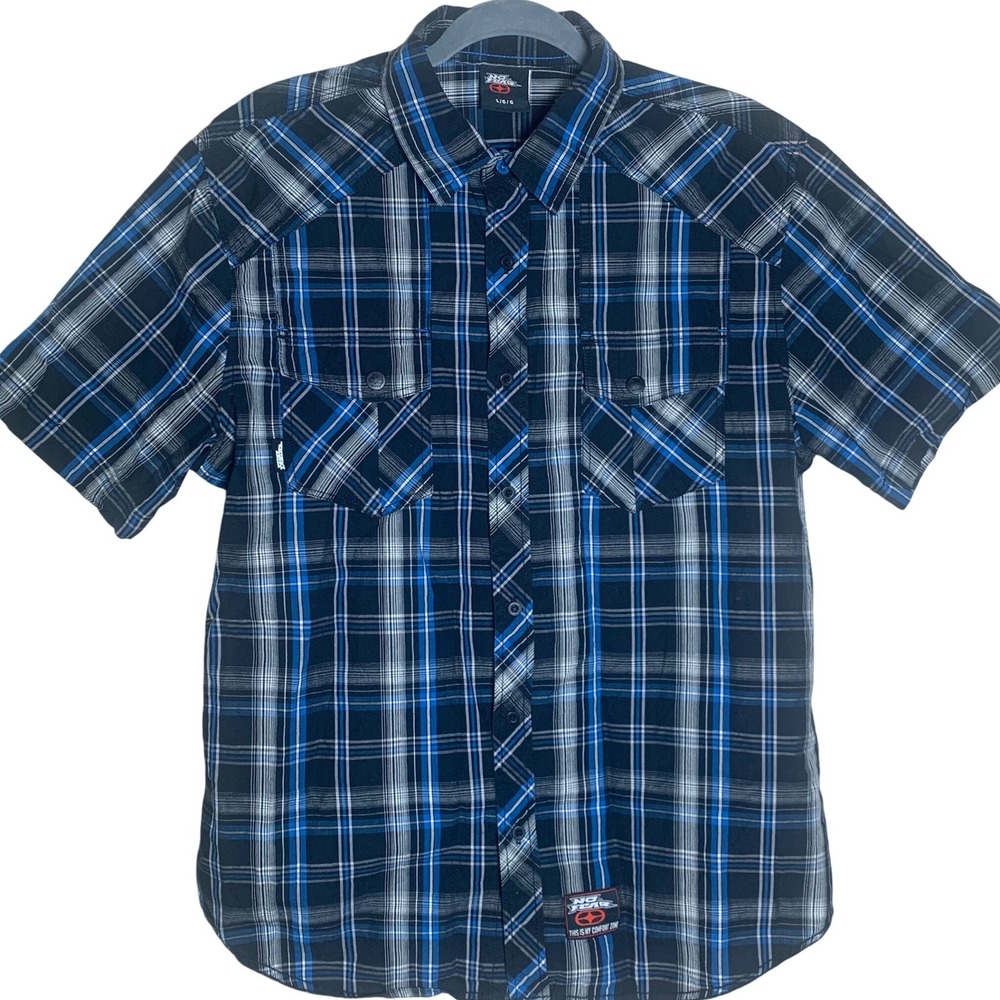 No Fear Plaid Button Down Shirt Mens Large Blue‎ Black Short Sleeve Excellent